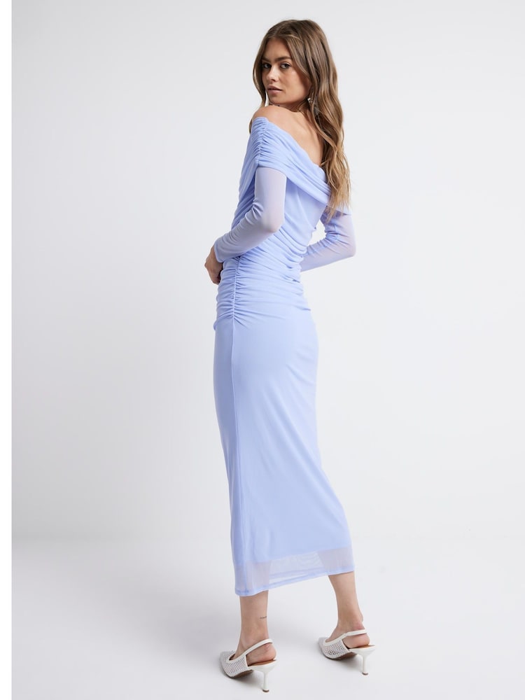 River Island Blue Bardot Mesh Midi Dress - Image 2 of 4 River Island Blue Bardot Mesh Midi Dress - Image 2 of 4