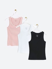 River Island White Black and Stripe Scoop Neck Vests 3 Pack - Image 1 of 6