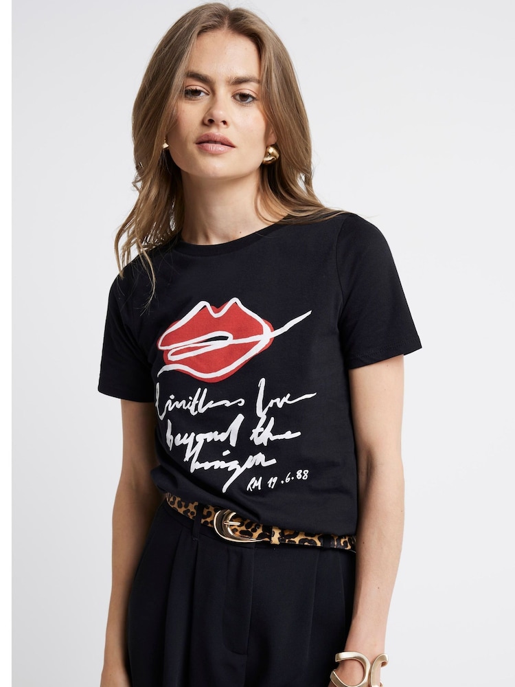 River Island Black 100% Cotton Lip Graphic T-Shirt - Image 2 of 4