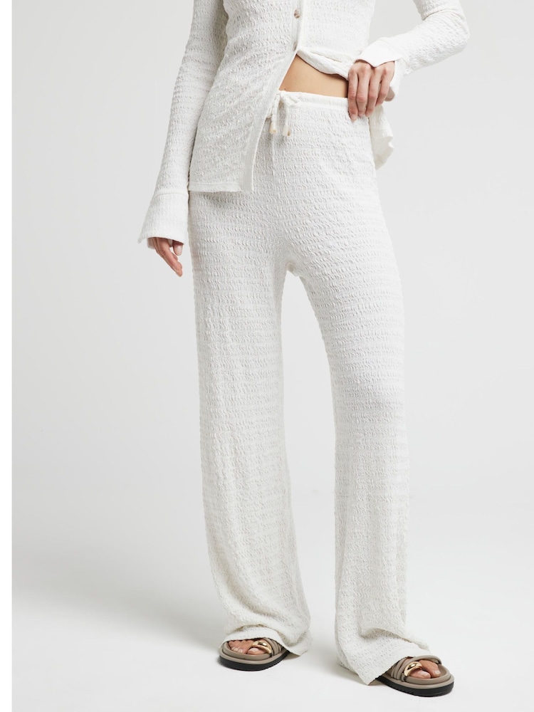 River Island Cream Textured Wide Leg Trousers - Image 2 of 4 River Island Cream Textured Wide Leg Trousers - Image 2 of 4