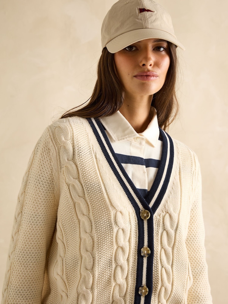 Joules Centre Court Cream Cotton Cable Knit Cardigan - Image 6 of 8
