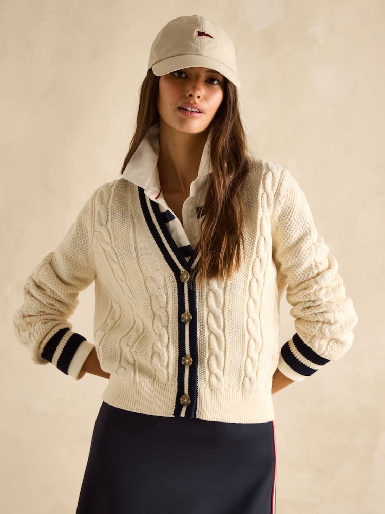 Joules Centre Court Cream Cotton Cable Knit Cardigan - Image 7 of 8