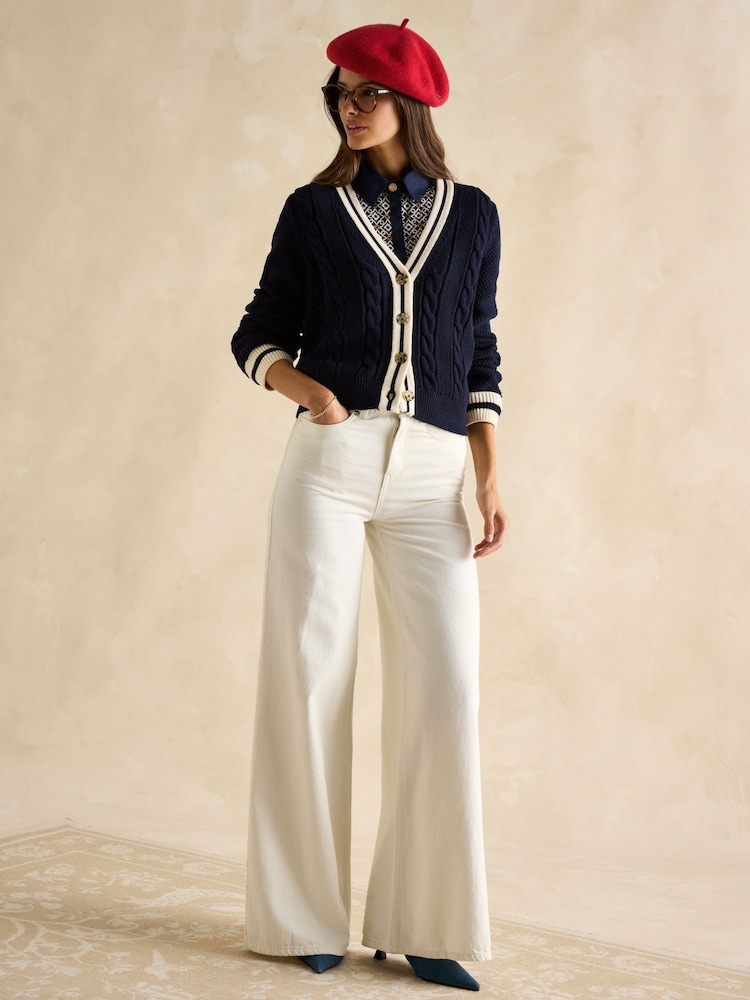 Joules Centre Court Navy Blue Cotton Cable Knit Cardigan - Image 5 of 7