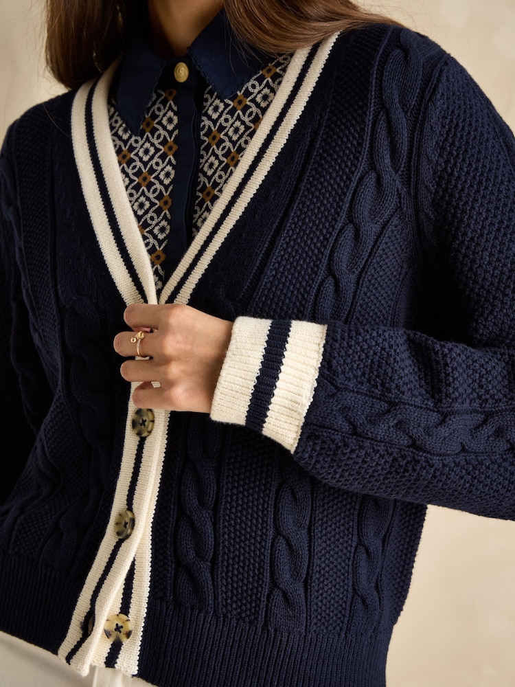 Joules Centre Court Navy Blue Cotton Cable Knit Cardigan - Image 6 of 7