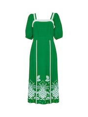 Another Sunday Green Puff Sleeve 100% Cotton Midi Dress With Embroidered Detail - Image 1 of 2