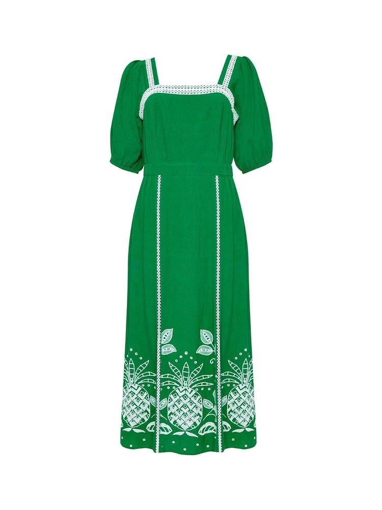 Another Sunday Green Puff Sleeve 100% Cotton Midi Dress With Embroidered Detail - Image 1 of 2