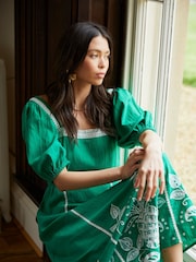 Another Sunday Green Puff Sleeve 100% Cotton Midi Dress With Embroidered Detail - Image 2 of 2