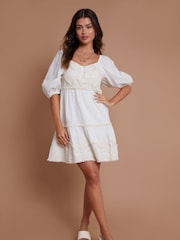 Another Sunday Cream Puff Sleeve Palm Embroidered Tiered 100% Cotton Mini Dress - Image 1 of 1
