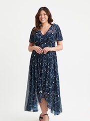 Scarlett & Jo Blue Tilly Print Angel Sleeve Sweetheart Dress - Image 1 of 4