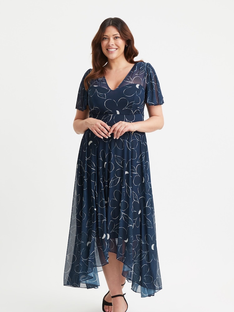 Scarlett & Jo Blue Tilly Print Angel Sleeve Sweetheart Dress - Image 1 of 4