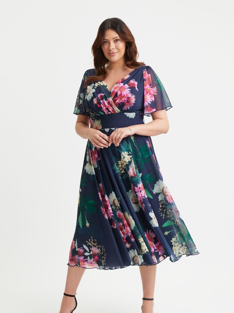 Scarlett & Jo Dark Pink Victoria Angel Sleeve Mesh Midi long Dress - Image 1 of 4