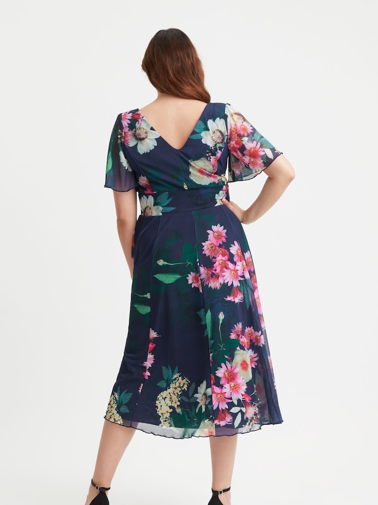 Scarlett & Jo Dark Pink Victoria Angel Sleeve Mesh Midi long Dress - Image 4 of 4