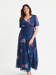 Scarlett & Jo Blue Curve Isabelle Angel Sleeve Maxi Dress - Image 1 of 4