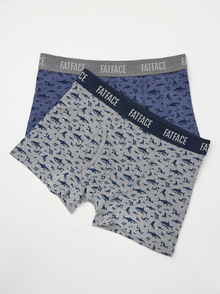 FatFace Grey & Blue Shark Classic Boxers 2 Pack - Image 1 of 2