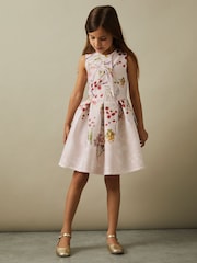 Reiss Pink Print Rhiane 9-13 yrs Floral Print Scuba Pleated Dress - Image 3 of 4