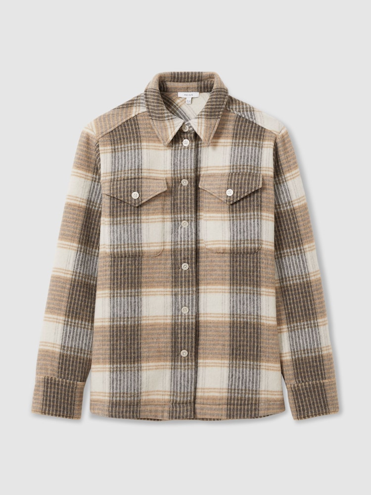 Reiss Neutral Phoebe Wool Blend Checked Shacket - Image 2 of 6