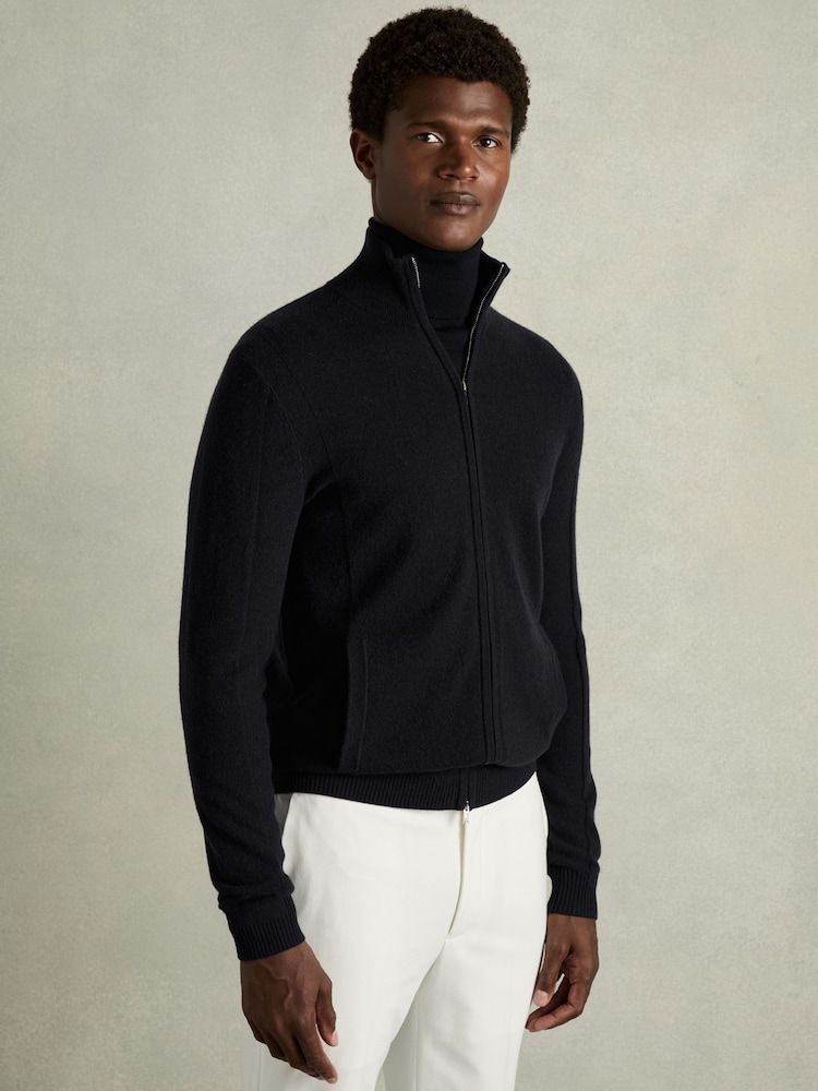 Reiss Navy Splint Wool-Cashmere Zip-Through Funnel-Neck Cardigan - Image 1 of 6 Reiss Navy Splint Wool-Cashmere Zip-Through Funnel-Neck Cardigan - Image 1 of 6