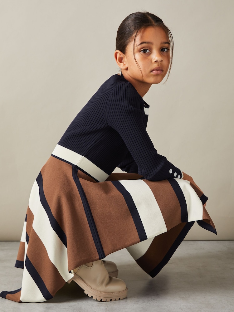 Reiss Navy Rachel 9-13 yrs Knitted Colourblock Asymmetric Dress - Image 1 of 4