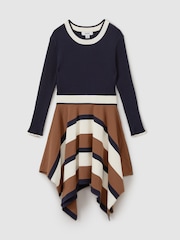 Reiss Navy Rachel 9-13 yrs Knitted Colourblock Asymmetric Dress - Image 2 of 4