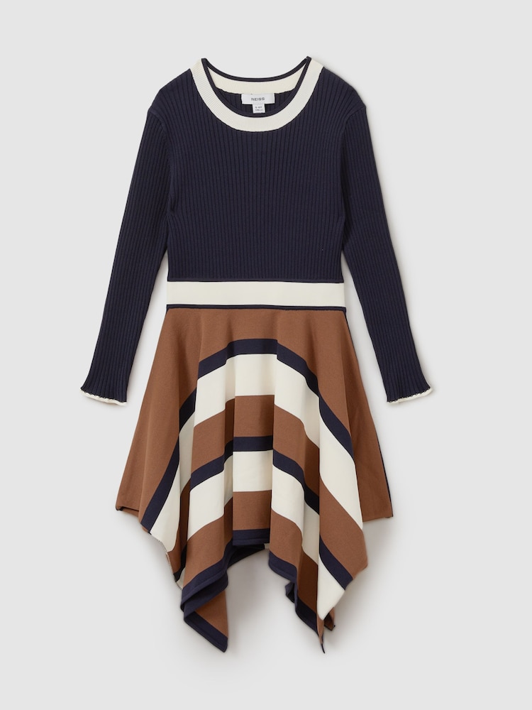 Reiss Navy Rachel 9-13 yrs Knitted Colourblock Asymmetric Dress - Image 2 of 4