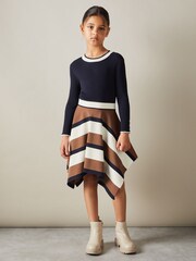 Reiss Navy Rachel 13-14 yrs Knitted Colourblock Asymmetric Dress - Image 2 of 4