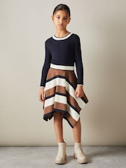 Reiss Navy Rachel 4-9 yrs Knitted Colourblock Asymmetric Dress - Image 1 of 4