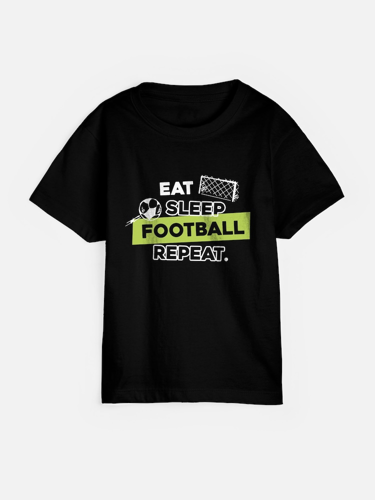 Dollymix Kids 100% Cotton Personalised Eat Sleep Football Repeat Black T-Shirt - Image 1 of 4
