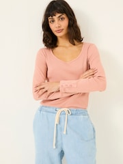 Pink - FatFace Ribbed Scoop Neck Top - Bild 1 von 10