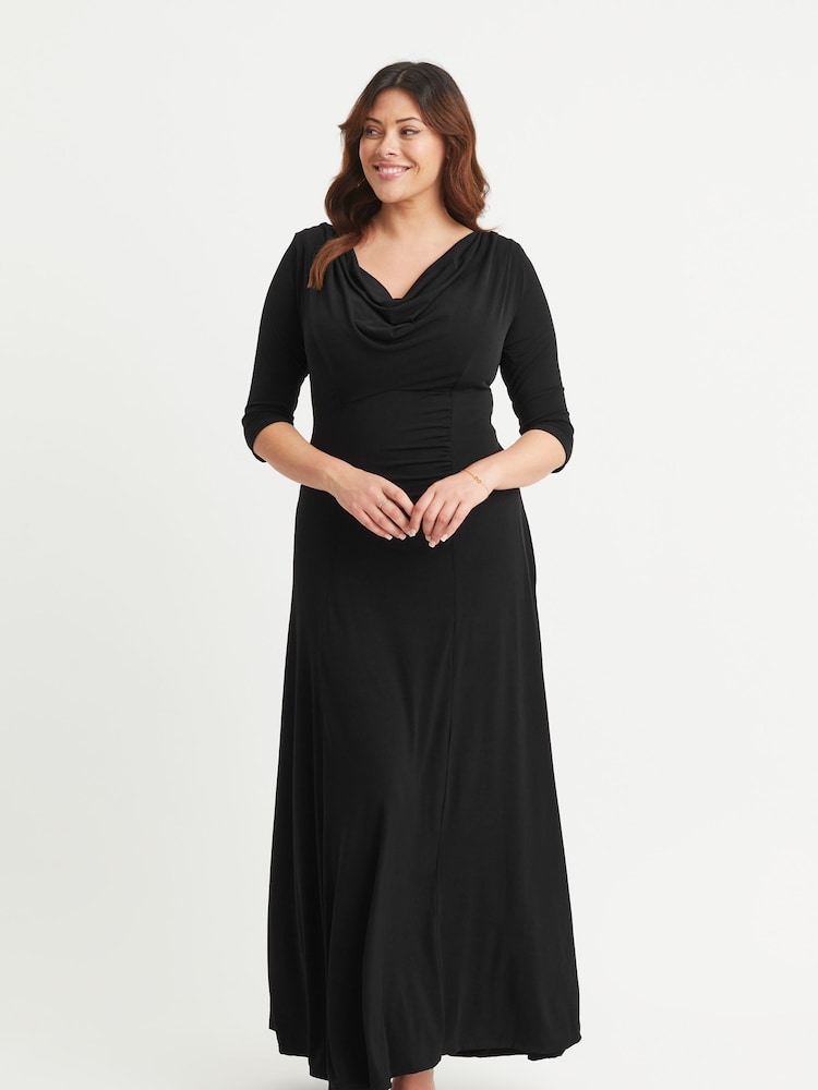 Scarlett & Jo Black Cowl Neck Bustle Back Maxi Gown - Image 1 of 5 Scarlett & Jo Black Cowl Neck Bustle Back Maxi Gown - Image 1 of 5