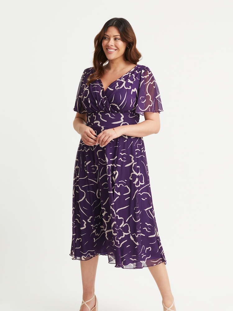 Scarlett & Jo Purple Victoria Angel Sleeve Mesh Midi Dress - Image 1 of 4