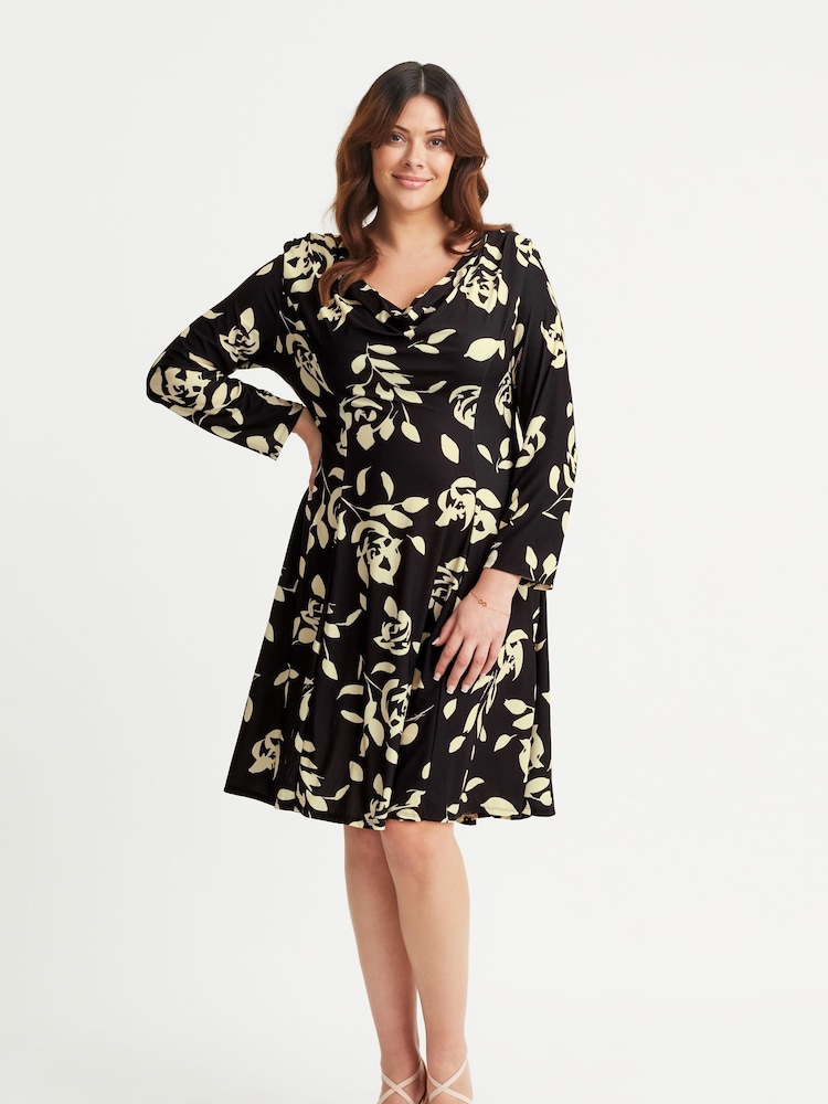 Scarlett & Jo Natural Long Sleeve Cowl Neck Fit and Flare Dress - Image 1 of 4