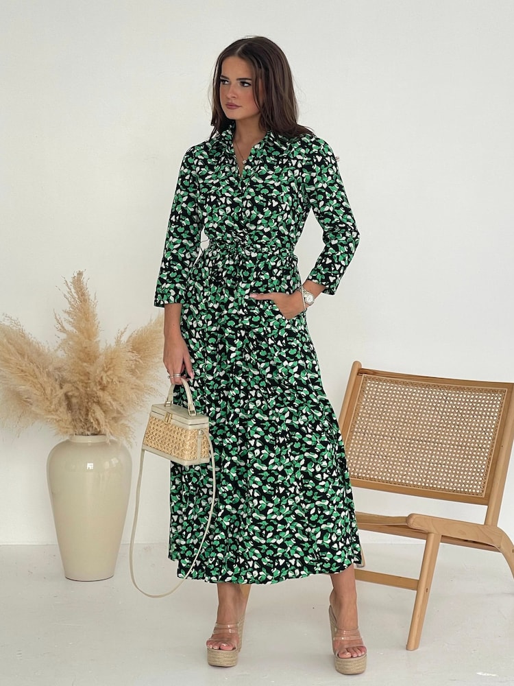 Buy Girl In Mind Green Leopard Angela Piping Detail Midi Shirt