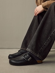 Black Standard Fit Forever Comfort® Leather Buckle Foodbed Clogs - Image 2 of 10