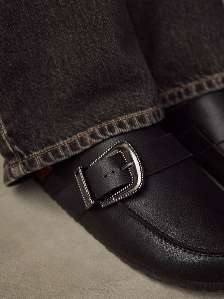 Black Standard Fit Forever Comfort® Leather Buckle Footbed Clogs - Image 5 of 10