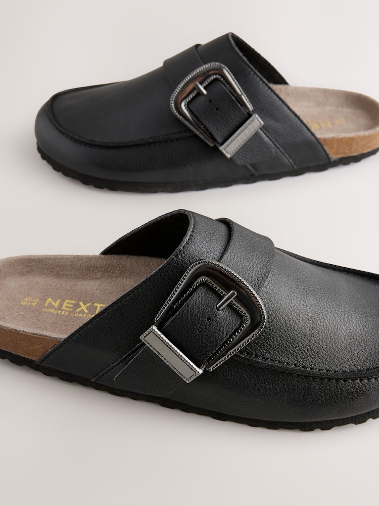 Black Standard Fit Forever Comfort® Leather Buckle Footbed Clogs - Image 8 of 10