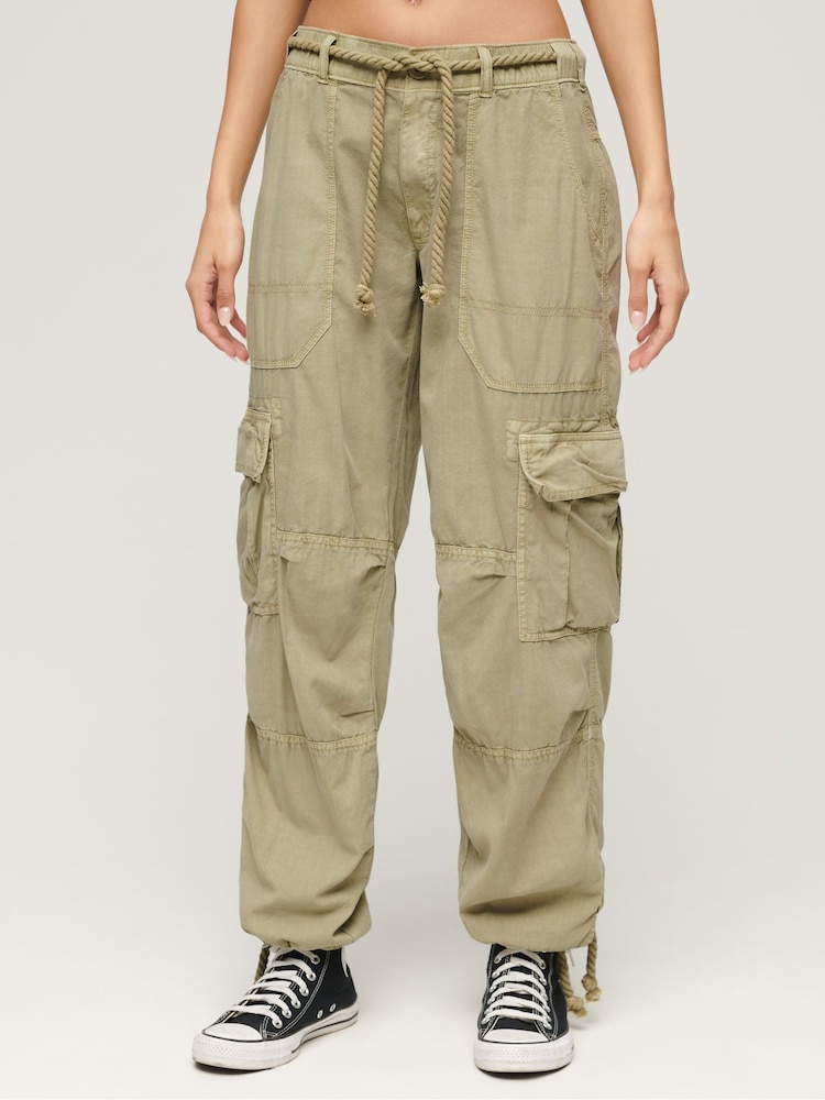 Superdry Green Lightweight Beach Cargo 100% Cotton Trousers - Image 1 of 4