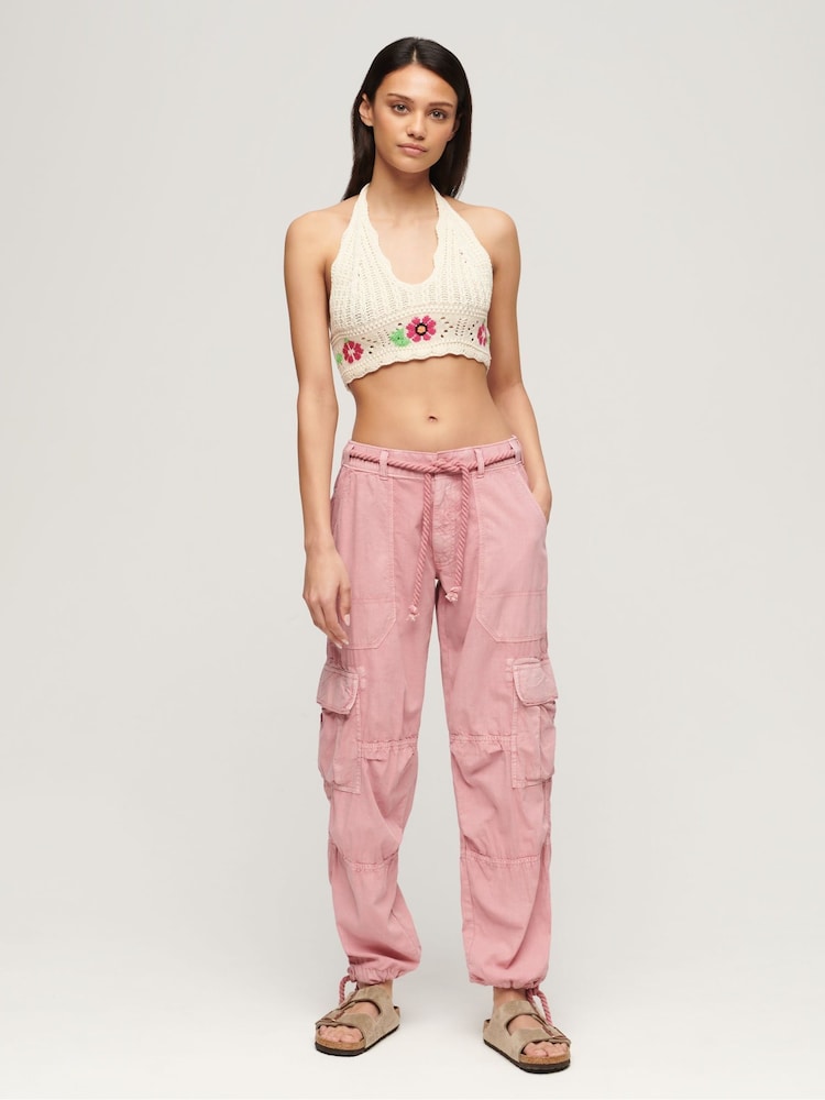 Superdry Pink Lightweight Beach Cargo 100% Cotton Trousers - Image 3 of 4