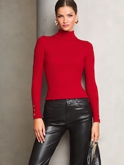 Lipsy Red Roll Neck Button Detail Knitted Jumper - Image 1 of 4