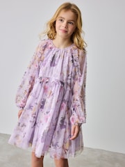 Baker by Ted Baker Purple Long Sleeve Mesh Floral Dress - Image 1 of 12