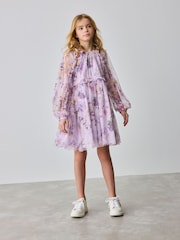 Baker by Ted Baker Purple Long Sleeve Mesh Floral Dress - Image 2 of 12