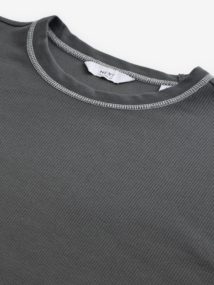 Charcoal Grey Long Sleeve Ribbed Texture T-Shirt - Image 6 of 6