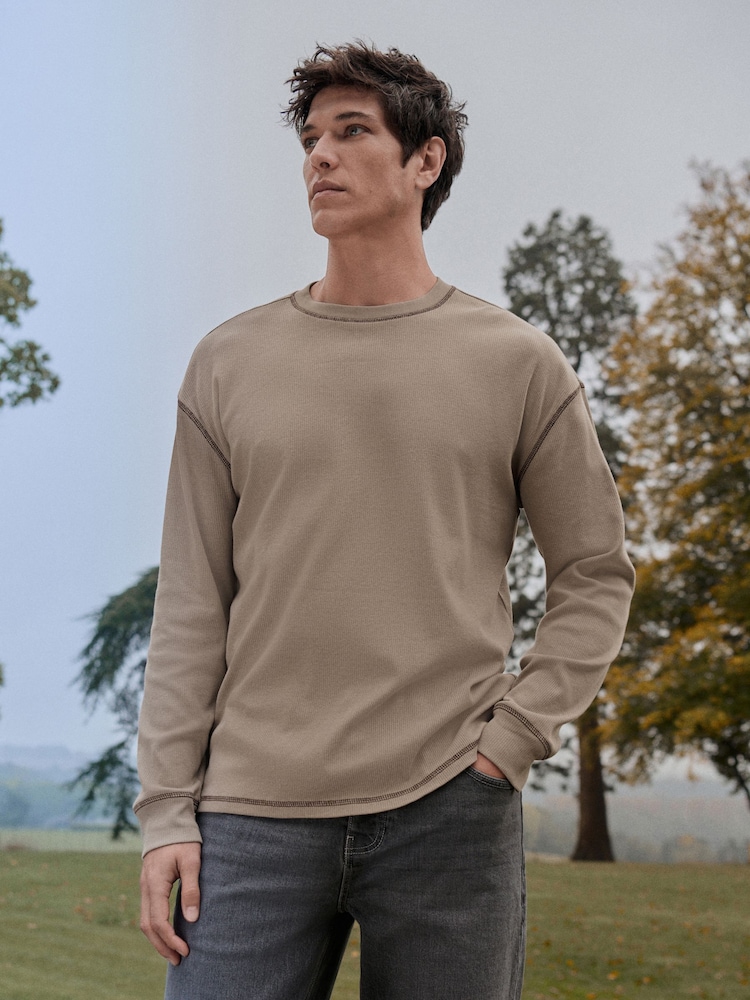 Neutral Stone Long Sleeve Ribbed Texture T-Shirt - Image 1 of 8