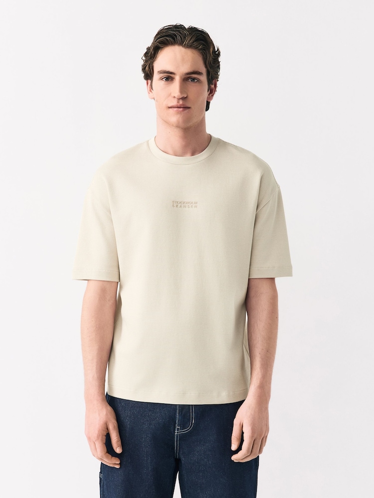 Нейтральний камінь - Relaxed Fit Graphic Print Heavyweight Striped T-Shirt - Image 4 of 8
