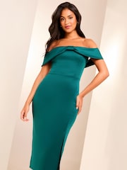 Lipsy Teal Blue Bow Bardot Bodycon Midi Dress - Image 1 of 4