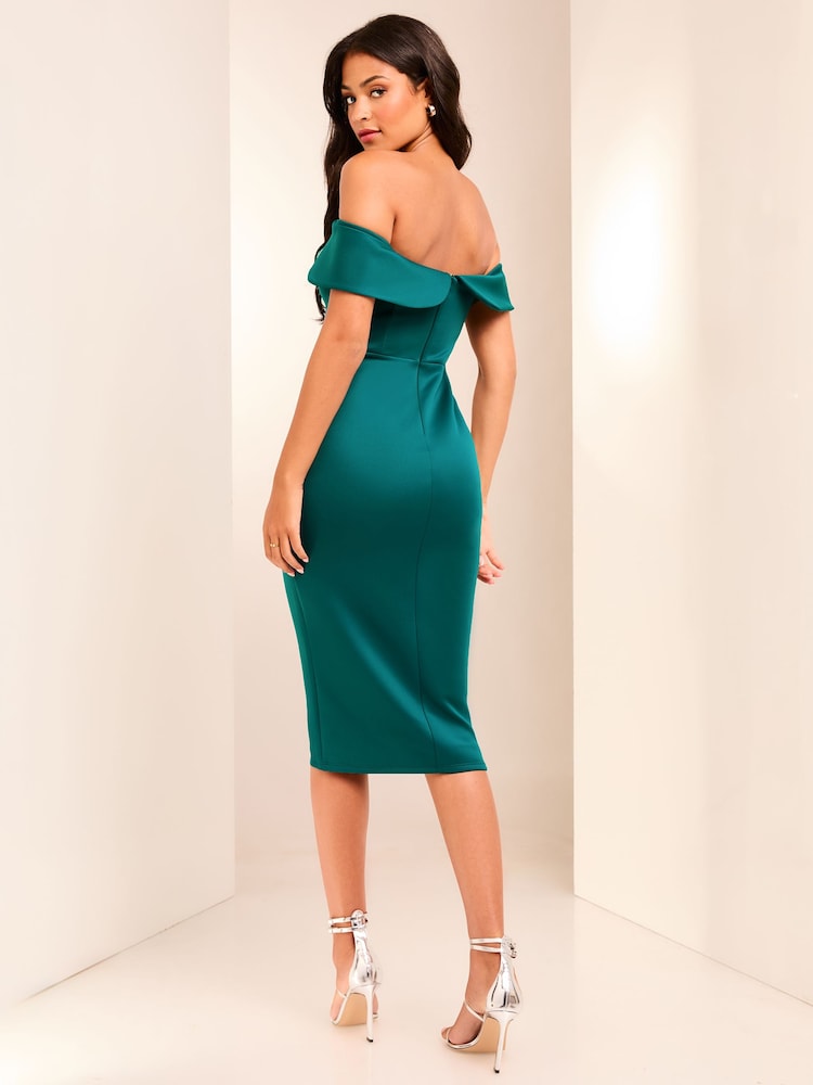 Lipsy Teal Blue Bow Bardot Bodycon Midi Dress - Image 2 of 4