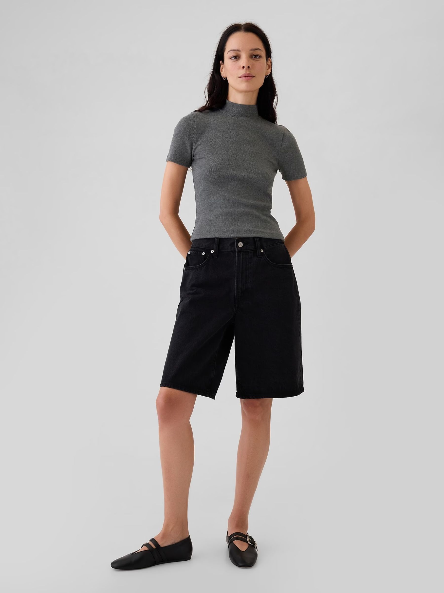 Buy Gap Grey Modern Cotton-Modal Ribbed Mock Neck Short Sleeve T