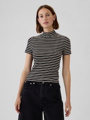 Gap Black Stripe Modern Cotton-Modal Ribbed Mock Neck Short Sleeve T-Shirt - Image 1 of 5