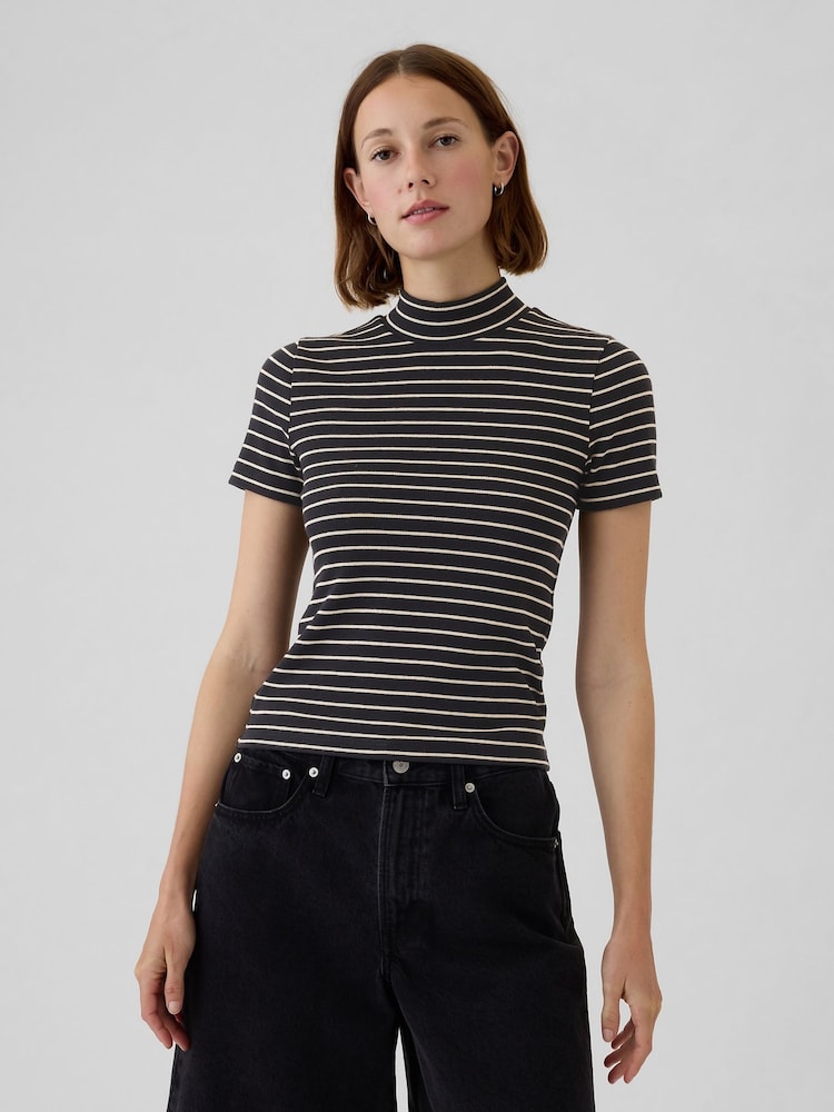 Gap Black Stripe Modern Cotton-Modal Ribbed Mock Neck Short Sleeve T-Shirt - Image 1 of 5