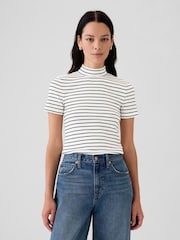 Gap White Stripe Modern Cotton-Modal Ribbed Mock Neck Short Sleeve T-Shirt - Image 1 of 5