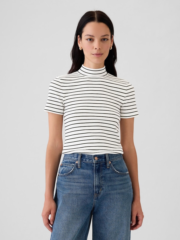 Gap White Stripe Modern Cotton-Modal Ribbed Mock Neck Short Sleeve T-Shirt - Image 1 of 5